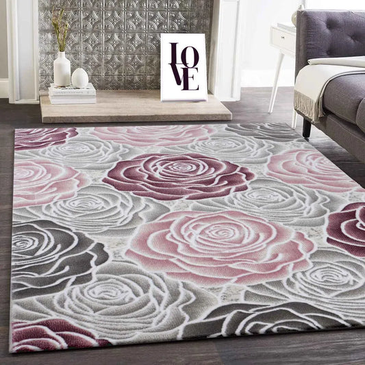  Moderner Wohnzimmer Teppich Rosen Muster In Rosa Grau Creme, Maße:200 X 290 Cm