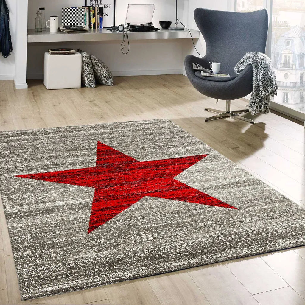  Milano9121 Rot Trendiger Kurzflor Teppich, Sternmuster, Maße:120x170 Cm