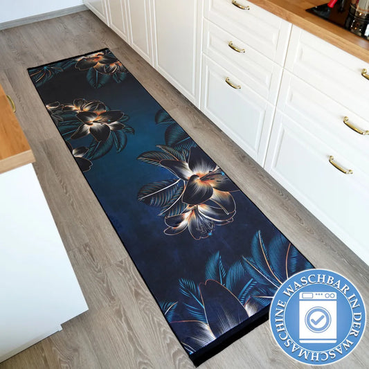  Mynes Home Küchenteppich Waschbar Küchenläufer Rutschfest Teppich Läufer Blau Schwarze Blume-50x180 Cm