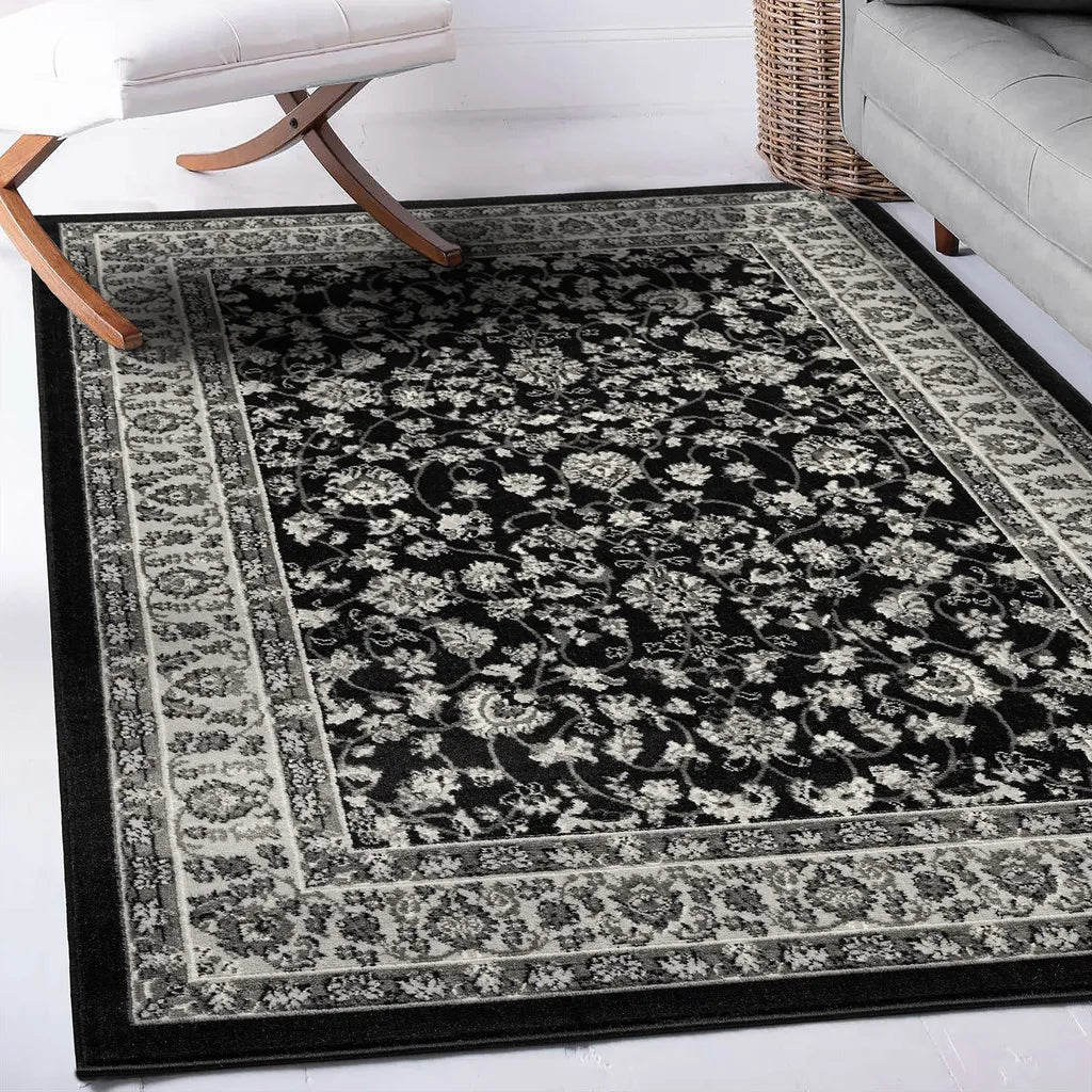  Orient Teppich Grau Schwarz Klassisch Dicht Gewebt Mit Ornament Und Blumenmotiven, Maße:Ø 160 Cm Rund