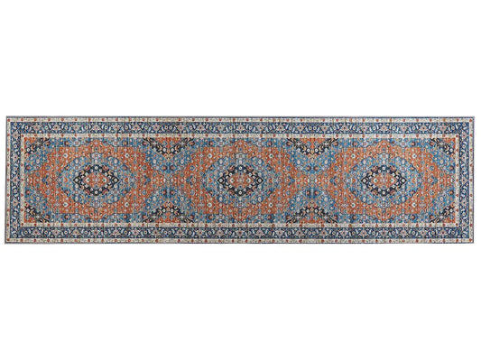  Teppich Läufer Blau U. Orange Polyester 80x300 Cm Orientalisches Muster Vintage Boho Kurzflor Für Wohnzimmer Schlafzimmer Flur