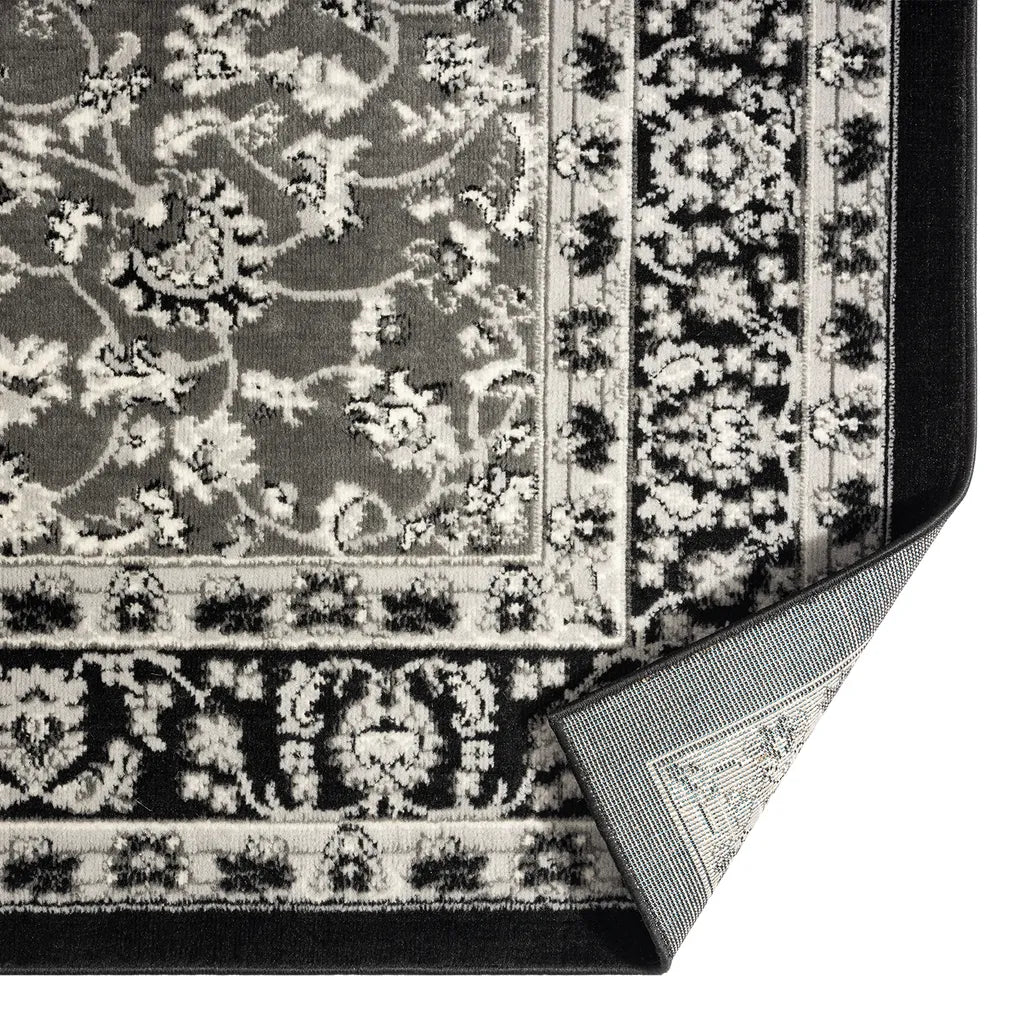  Orient Teppich Grau Schwarz Klassisch Dicht Gewebt Mit Ornament Und Blumenmotiven, Maße:160x230 Cm