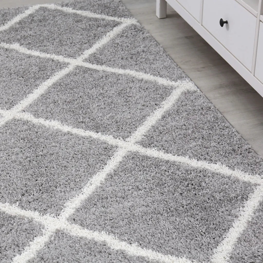  Hochflor Teppich Wohnzimmer Shaggy Skandi Design Rautenmuster Grau Creme Robust Weich Strapazierfähig, Maße:120x170 Cm
