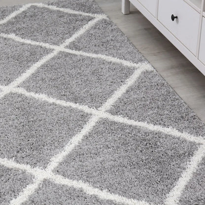 Hochflor Teppich Wohnzimmer Shaggy Skandi Design Rautenmuster Grau Creme Robust Weich Strapazierfähig, Maße:120x170 Cm