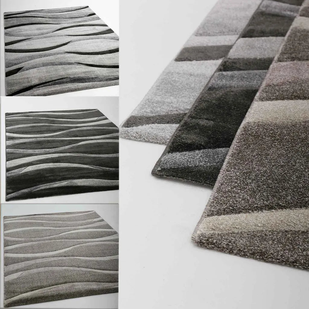  Teppich Modern Wellenmuster Wohnzimmer Konturenschnitt In Grau Anthrazit Braun Beige, Farbe:Grau, Maße:160x230 Cm