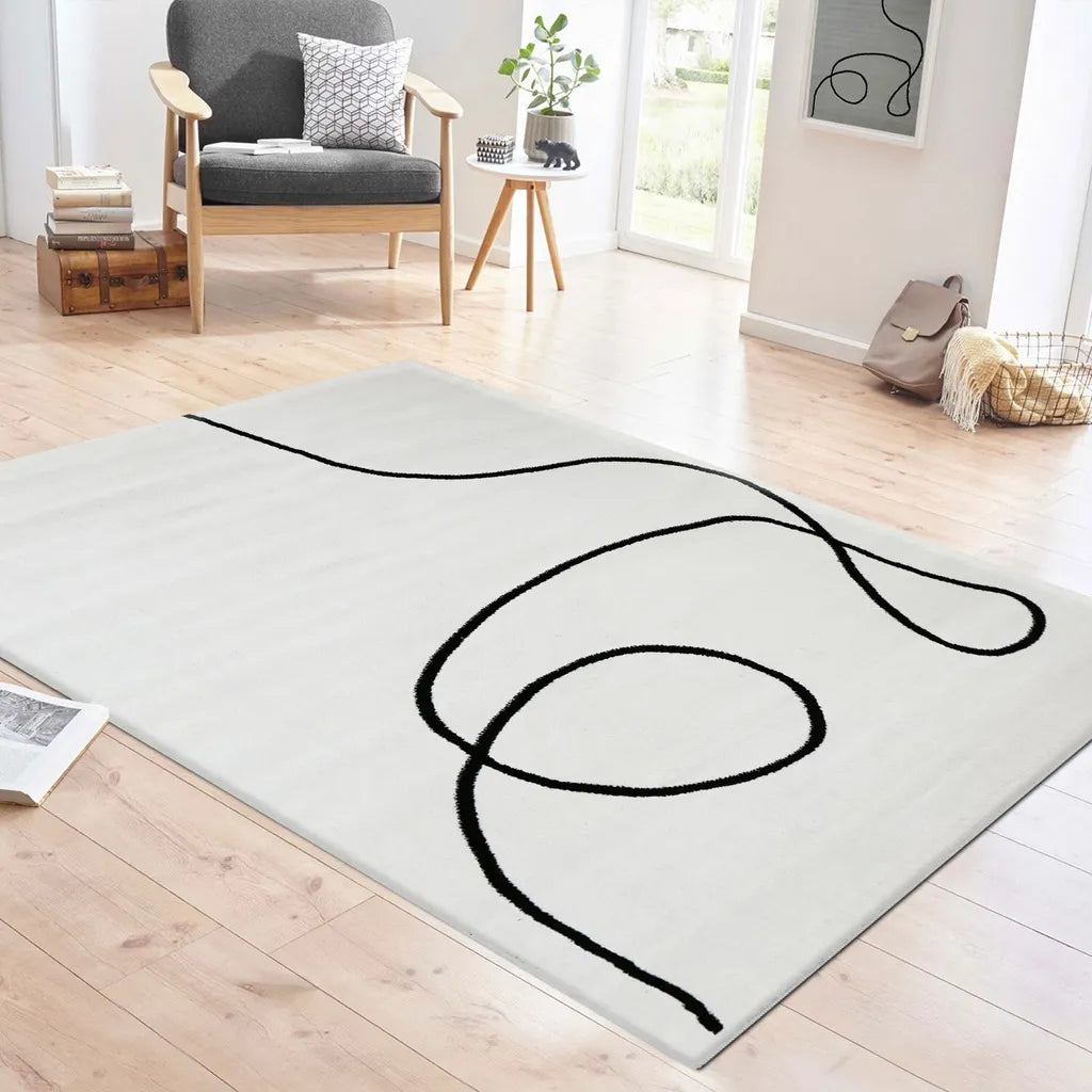  Moderner One-Line Wohnzimmer Teppich In Creme/Schwarz Kunstdesign Kurzflor, Maße:160x230 Cm