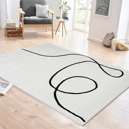  Moderner One-Line Wohnzimmer Teppich In Creme/Schwarz Kunstdesign Kurzflor, Maße:160x230 Cm