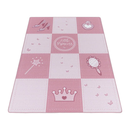  Kinderteppich,Krone,Zauberstab,Prinzessin,Kettelteppich,mädchen,Farbe:Pink, Farbe:PINK, Grösse:120 Cm X 170 Cm