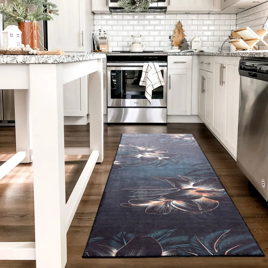  Mynes Home Küchenteppich Waschbar Küchenläufer Rutschfest Teppich Läufer Blau Schwarze Blume-50x180 Cm