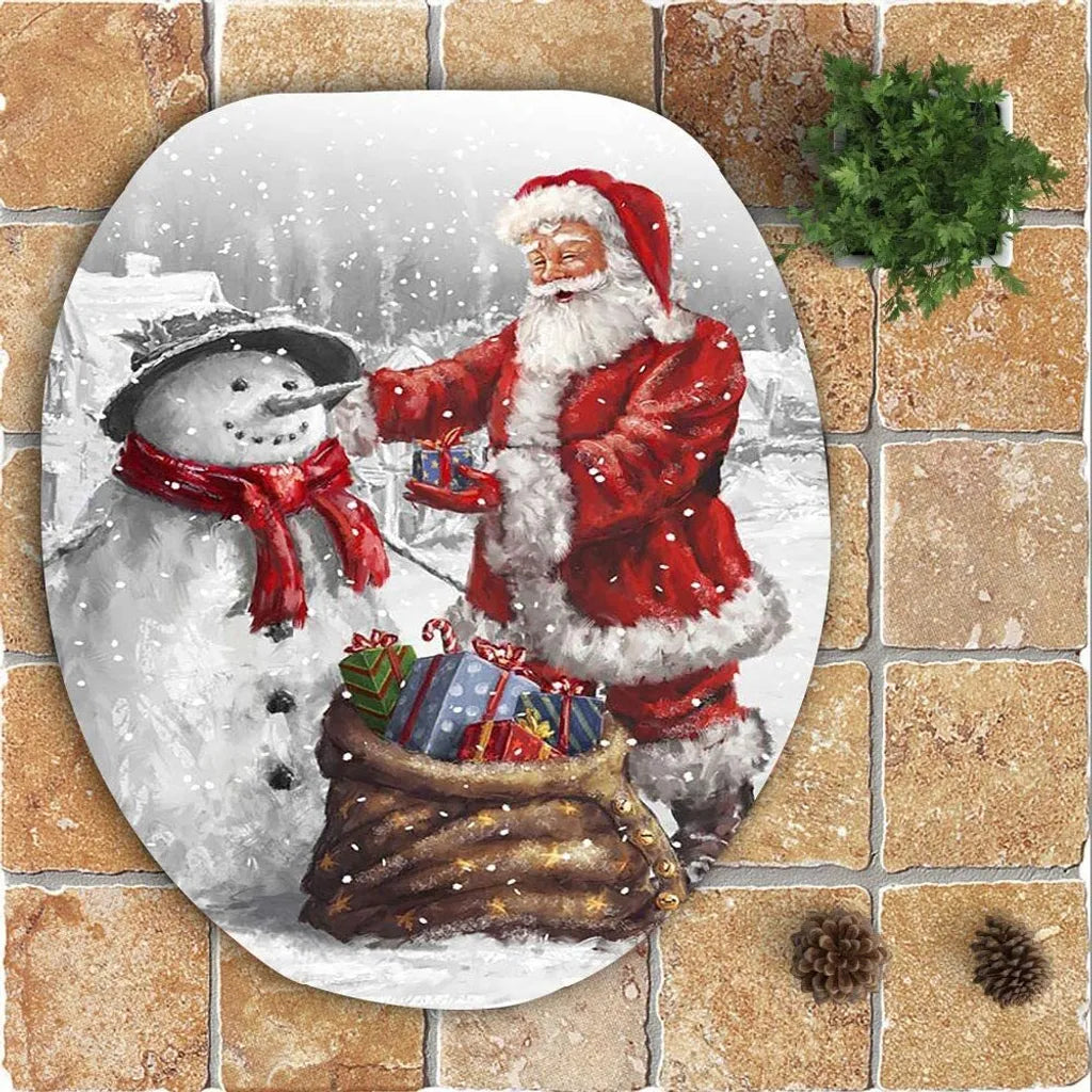  Weihnachtsbad-Set Mit 3 – Badematte, U-förmiger Toilettenvorleger Und Toilettensitzbezug – Schneemann-/Weihnachtsmann-Design