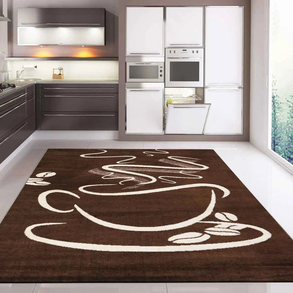  Küchenteppich Braun Trendiger Kaffee Teppich, Cappuccino Muster Tasse Kurzflor, Maße:140x200 Cm
