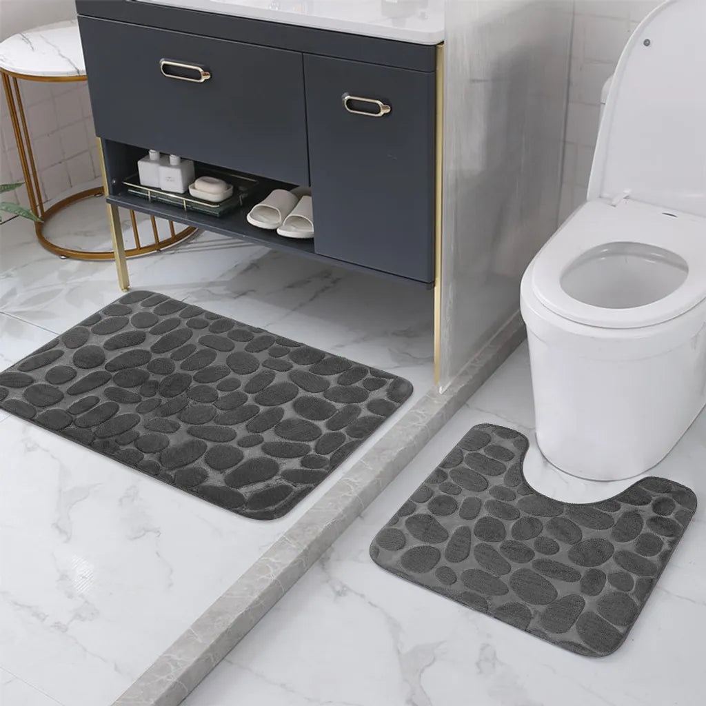  Rutschfestes 2-Badematten-Set, Superweiche Badematte Und Toilettenvorleger, Memory-Schaum, Kiesel-Duschmatte, Schnell Trocknende Badematte, U-förmige Konturmatte,Grau