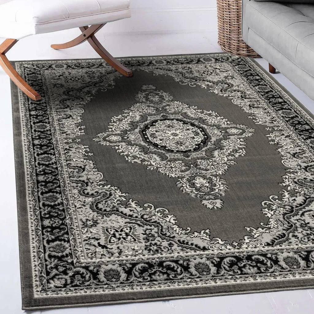  Orient Teppich Grau Schwarz Klassisch Ornament Dicht Gewebt Kurzflor Farbecht , Maße:240x340 Cm
