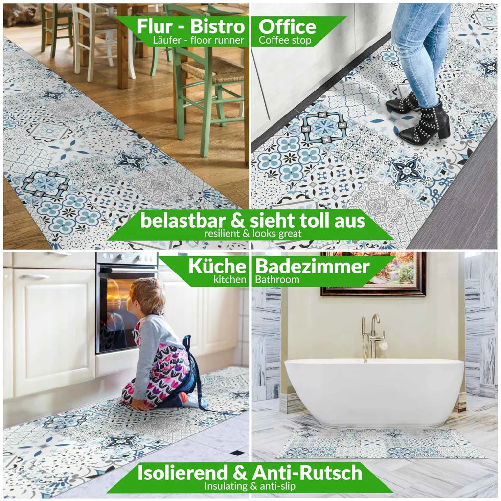  Läufer Küchenläufer Abwischbar Flurläufer Teppichläufer MIRZA Blau Azulejos Robust Breite 48cm Länge 180cm