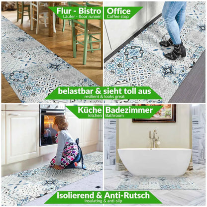  Läufer Küchenläufer Abwischbar Flurläufer Teppichläufer MIRZA Blau Azulejos Robust Breite 48cm Länge 180cm