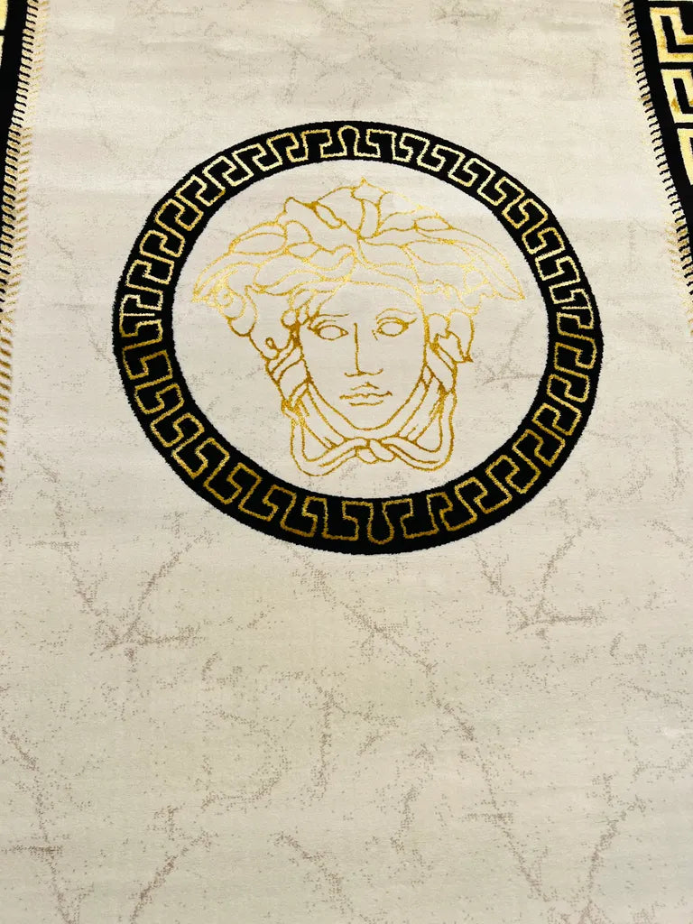  Wohnzimmerteppich Exklusiver Medusa Teppich Weiß-Gold Retro Vintage Stil Teppiche Mäander Carpet Versac Rechteck NEUHEIT 160x230 Cm 10 KG NEUHEIT 100 % Kunstseide Viskose