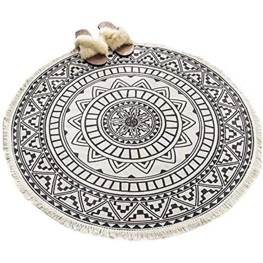  Runder Teppich 120 Cm. Teppich Rund Mit Fransen Rutschfest, Handgewebt Und Pflegeleicht - Böhmisches Mandala Muster Baumwollteppich