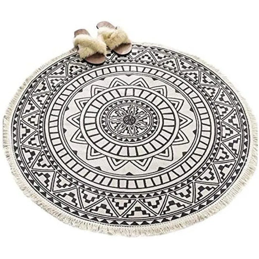  Runder Teppich 120 Cm. Teppich Rund Mit Fransen Rutschfest, Handgewebt Und Pflegeleicht - Böhmisches Mandala Muster Baumwollteppich