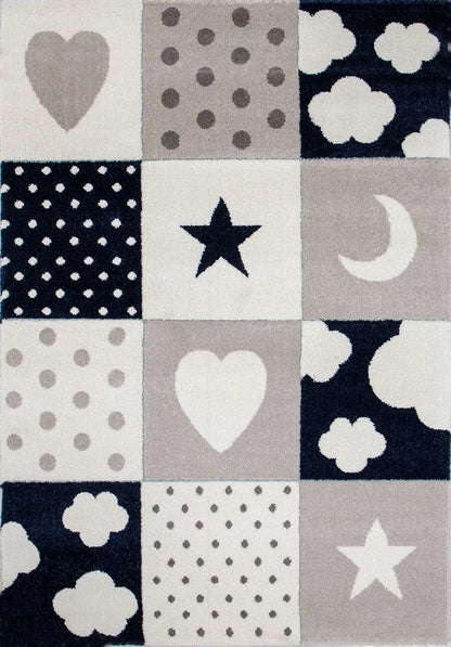  Kinderteppich Teppich Kinderzimmer Babyteppich Mit Herz Stern Wolke Blau Beige Creme, Maße:120x170 Cm