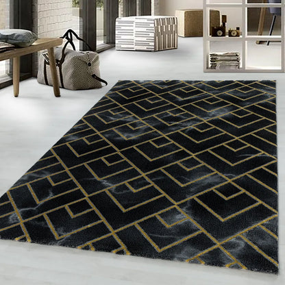  Designer Kurzflor Wohnzimmer Teppiche Grau Gold Weich Modern, Marmor Optik 12 Mm, Größe:140 X 200 Cm, Farbe:Schwarz-Gold