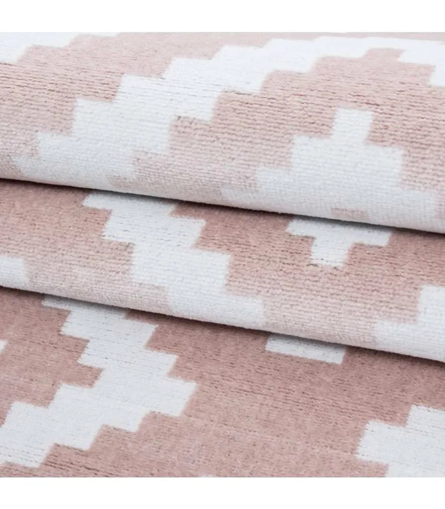  Kurzflor Wohnzimmerteppich Teppich Antikes Karo Muster Rosa Weiss Meliert, Grösse:160x230 Cm