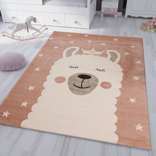  Kinderteppich Teppich Lama König Sterne Spielzimmer Kinderzimmer Babyzimmer Pink Creme Kurzflor Weich Flauschig , Maße:120x170 Cm