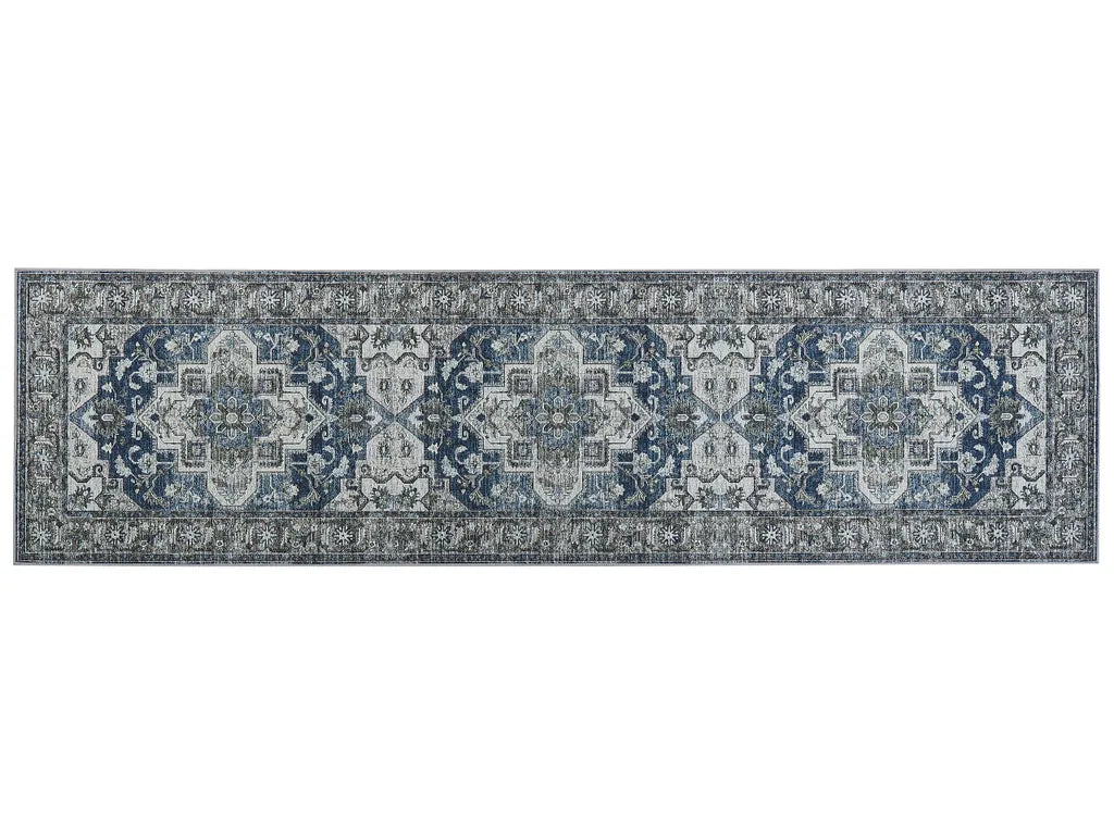  Teppich Läufer Grau / Blau Polyester 80 X 300 Cm Orientalisches Muster Vintage Boho Kurzflor Für Wohnzimmer Schlafzimmer Flur