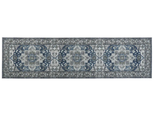  Teppich Läufer Grau / Blau Polyester 80 X 300 Cm Orientalisches Muster Vintage Boho Kurzflor Für Wohnzimmer Schlafzimmer Flur