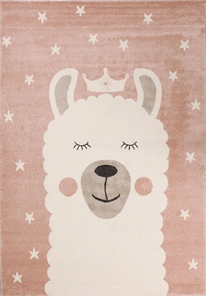  Kinderteppich Teppich Lama König Sterne Spielzimmer Kinderzimmer Babyzimmer Pink Creme Kurzflor Weich Flauschig , Maße:120x170 Cm