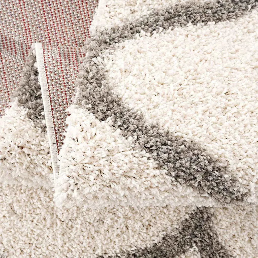  Hochflor Teppich Weicher Wohnzimmer Shaggy Skandi Design Rautenmuster Grau Creme , Maße:160x220 Cm