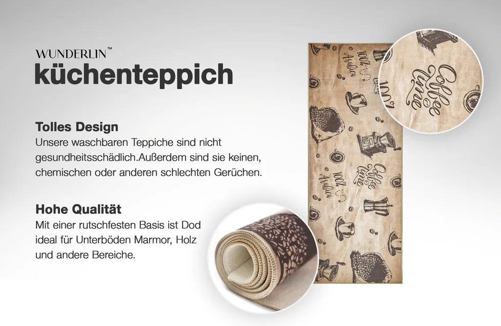  Wunderlin Läufer Flur Teppich Küche Collection Waschbarer Modernes Design, Wertvoll Verwenden Für Teppichlaeufer, Rutschfest Und Küchenläufer | Nützlich Küchenteppich Waschbar Size: 60 X 200 Cm Color: Coffee_Time