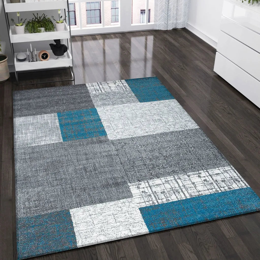  Designer Moderner Wohnzimmer Teppich In Türkis, Grau Und Weiß Mit Kachel Optik Kurzflor, Maße:140x200 Cm
