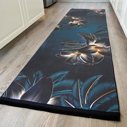  Mynes Home Küchenteppich Waschbar Küchenläufer Rutschfest Teppich Läufer Blau Schwarze Blume-50x180 Cm