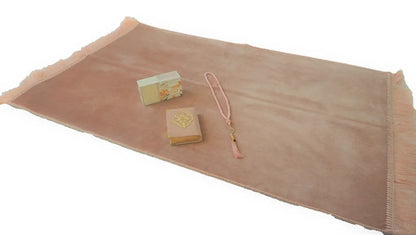  Lale Collection® Light Samt-Gebetsteppich-Set Pastellrosa Gebetskette Koran Oud Musc 100% Naturseife (vegan & Tierversuchsfrei) Duft (Sajadah/Prayer Rug/prayer Mat) Tesbih 99 Perlen Namaz Muslim Quran Islam