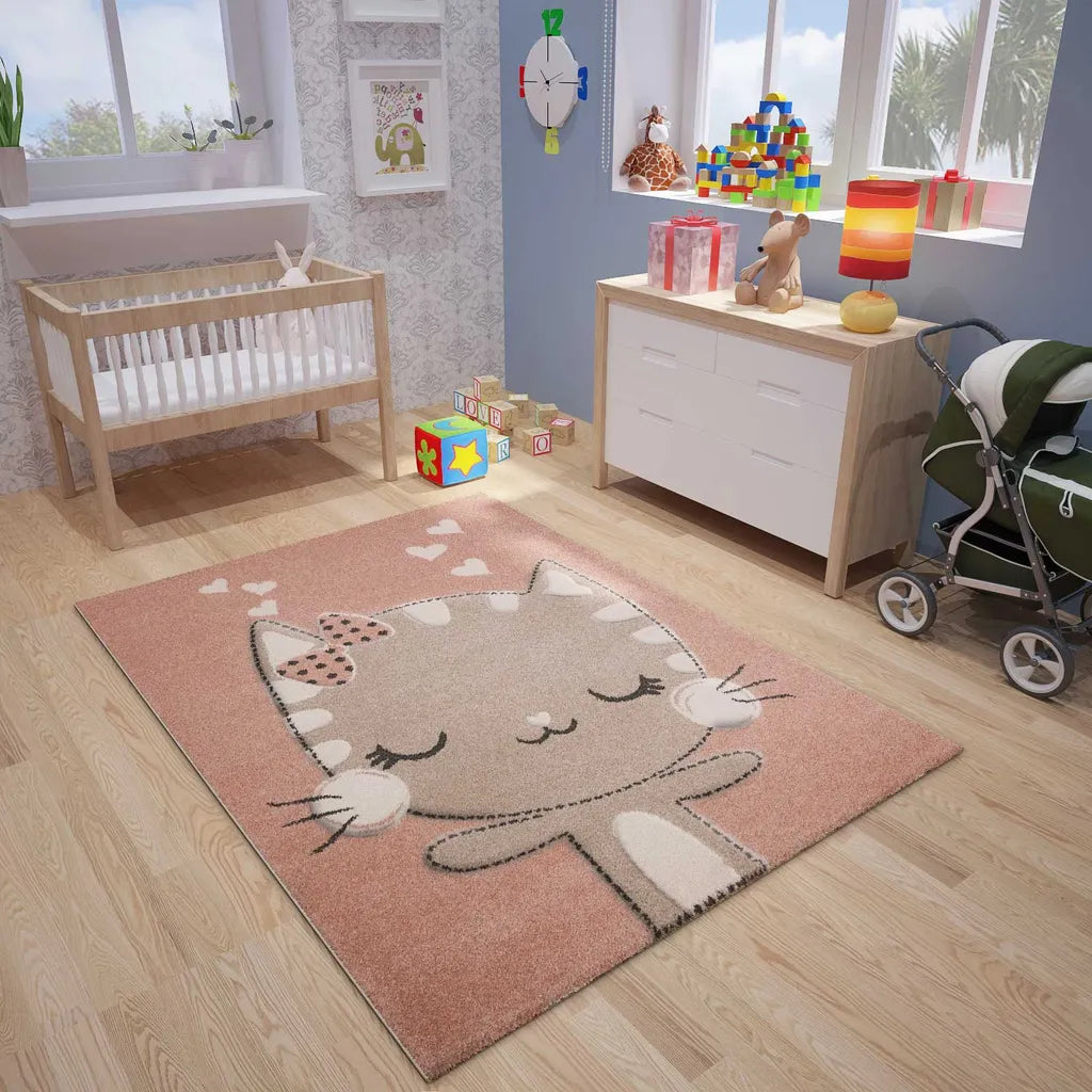  Kinderteppich Babyteppich Flauschig Weich Altrosa Beige Weiß Fröhliches Kätzchen Katze , Maße:120x170 Cm