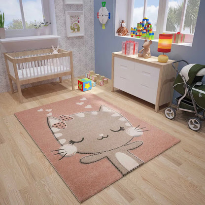  Kinderteppich Babyteppich Flauschig Weich Altrosa Beige Weiß Fröhliches Kätzchen Katze , Maße:120x170 Cm