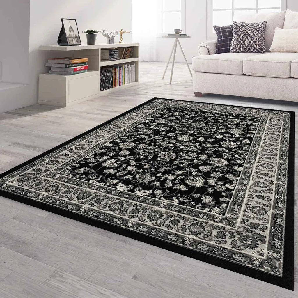  Orient Teppich Grau Schwarz Klassisch Dicht Gewebt Mit Ornament Und Blumenmotiven, Maße:Ø 160 Cm Rund