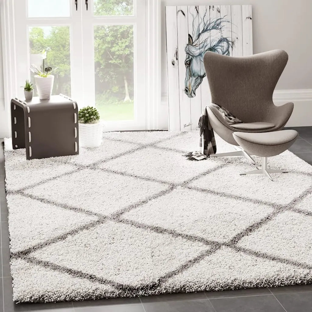  Hochflor Teppich Weicher Wohnzimmer Shaggy Skandi Design Rautenmuster Grau Creme , Maße:160x220 Cm