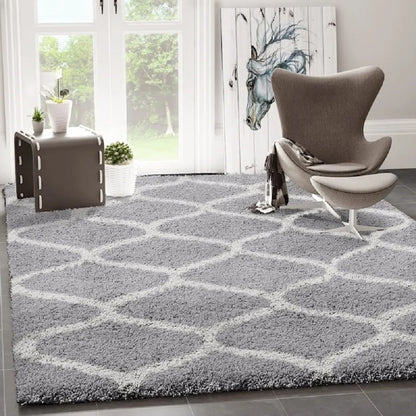  Hochflor Teppich Muster Shaggy Marokkanisch Rauten Deko Wohnzimmer Grau Creme Weich Robust Ethno, Maße:140x200 Cm