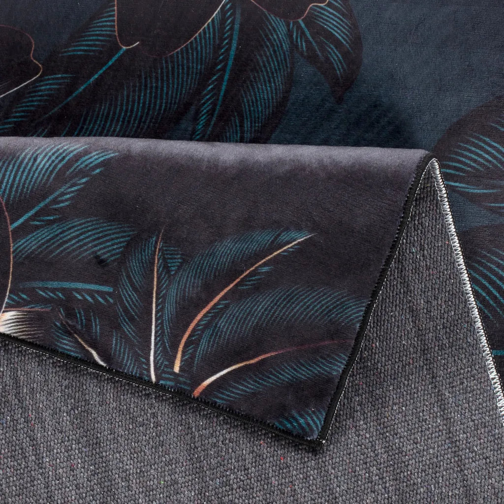  Mynes Home Küchenteppich Waschbar Küchenläufer Rutschfest Teppich Läufer Blau Schwarze Blume-50x180 Cm