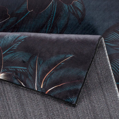  Mynes Home Küchenteppich Waschbar Küchenläufer Rutschfest Teppich Läufer Blau Schwarze Blume-50x180 Cm