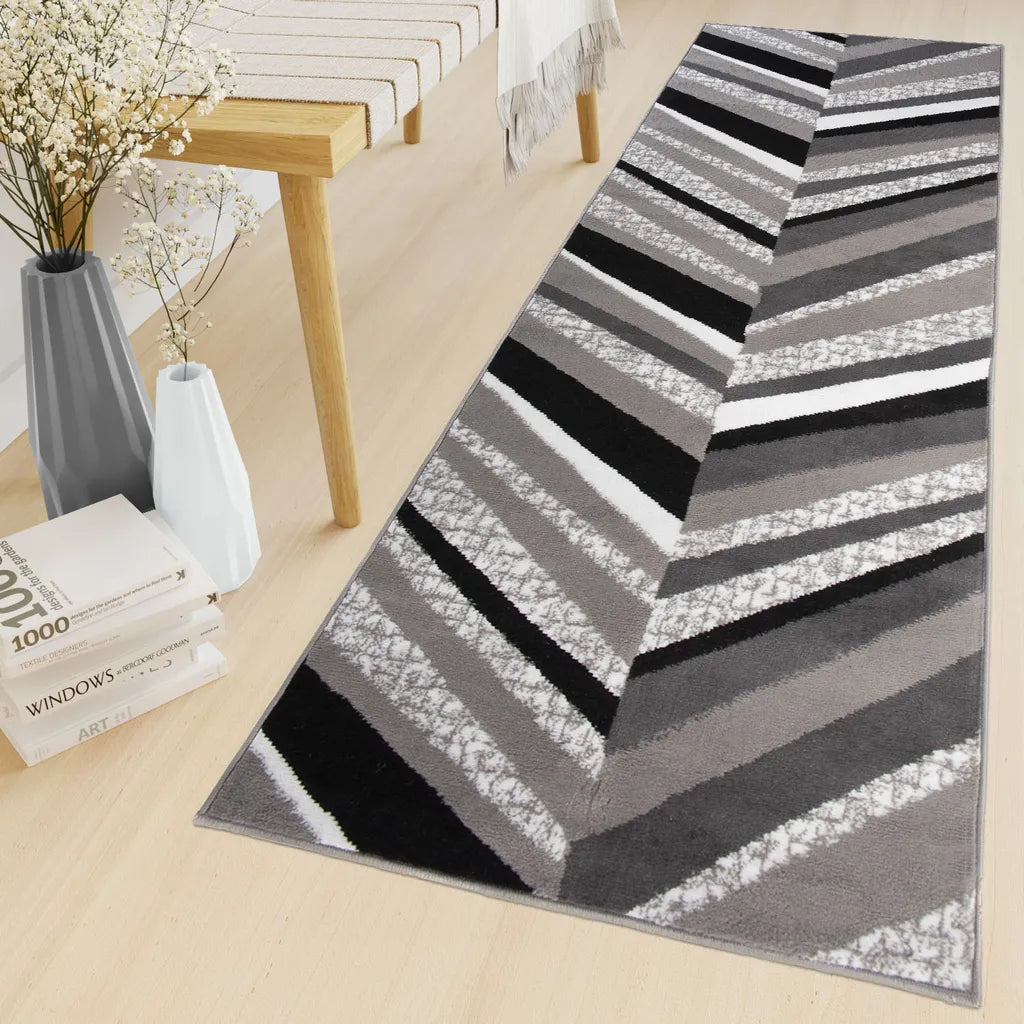  Läufer Teppich Meterware Flur Brücke Wohnzimmer Schlafzimmer Kurzflor Modern Design Meliert Grau Weiß Schwarz 80 X 190