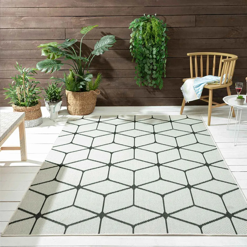  Teppich Rauten Muster In- Und Outdoor Tauglich Robuster Flachgewebe 100% Polypropylen Weiß, Maße:160x220 Cm