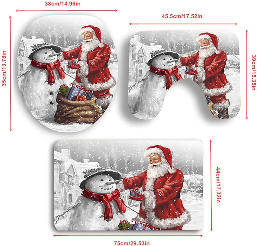  Weihnachtsbad-Set Mit 3 – Badematte, U-förmiger Toilettenvorleger Und Toilettensitzbezug – Schneemann-/Weihnachtsmann-Design