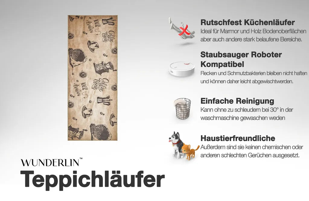  Wunderlin Läufer Flur Teppich Küche Collection Waschbarer Modernes Design, Wertvoll Verwenden Für Teppichlaeufer, Rutschfest Und Küchenläufer | Nützlich Küchenteppich Waschbar Size: 60 X 200 Cm Color: Coffee_Time