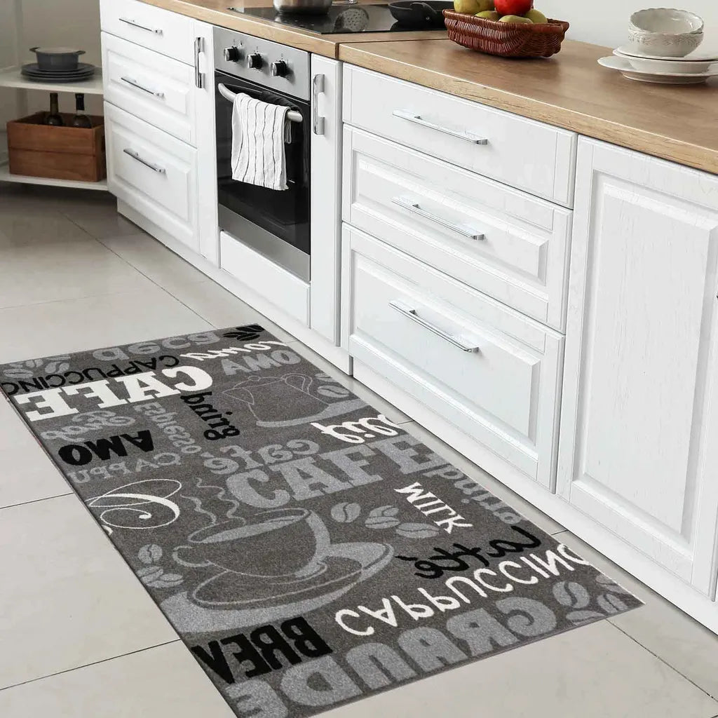  Küchenteppich Grau Trendiger Kaffee Teppich, Verschiedene Schriftarten Und Muster Kaffee, Maße:120 X 170 Cm
