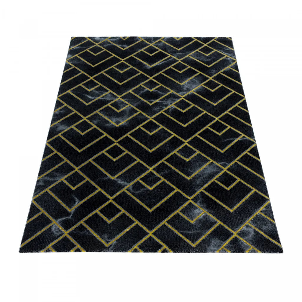  Designer Kurzflor Wohnzimmer Teppiche Grau Gold Weich Modern, Marmor Optik 12 Mm, Größe:140 X 200 Cm, Farbe:Schwarz-Gold