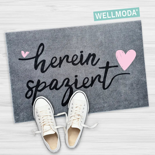  WELLMODA® Fussmatte I Hereinspaziert I Waschbar & Rutschfest I Fußmatte Für Aussen & Innen I Türmatte & Türdeko, In 40x60 Cm & Grau