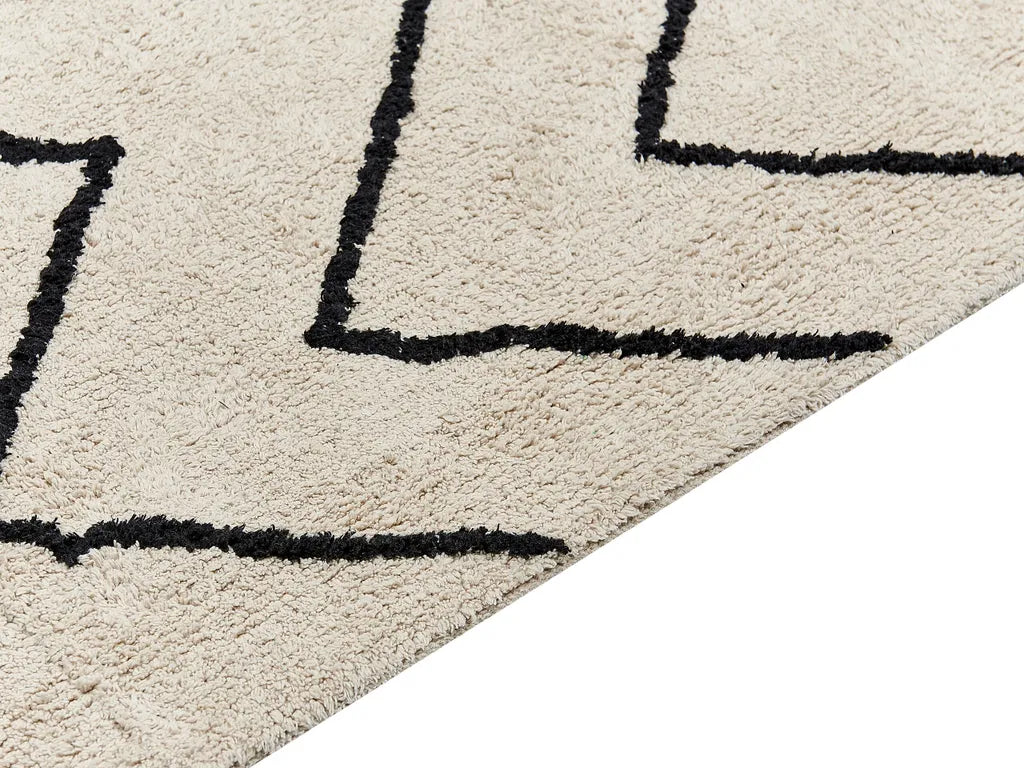  Teppich Beige Baumwolle Rechteckig 160 X 230 Cm Geometrisches Muster Fransen Handgetuftet Boho Kurzhaar Fußbodenheizung Geeignet Wohnzimmer