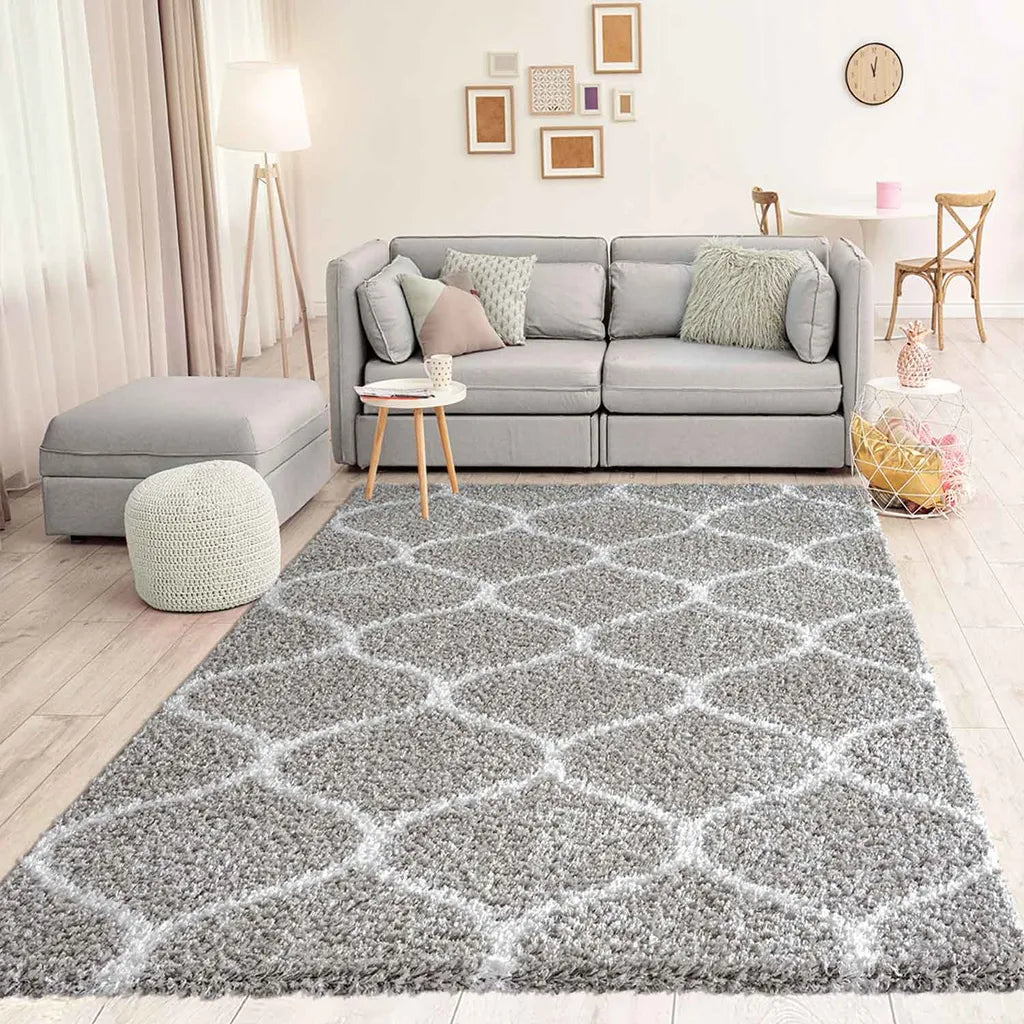  Hochflor Teppich Muster Shaggy Marokkanisch Rauten Deko Wohnzimmer Grau Creme Weich Robust Ethno, Maße:140x200 Cm